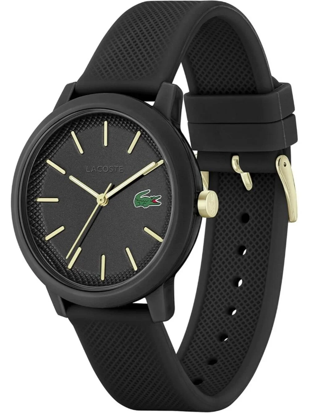 Men's Black Gold Rubber Strap Analog Quartz TR90 Case Premium Sporty Round Watch